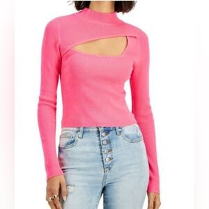Bar III Neon Pink Fizz Cutout Ribbed Mockneck Long Sleeve Top Size XL - NWT